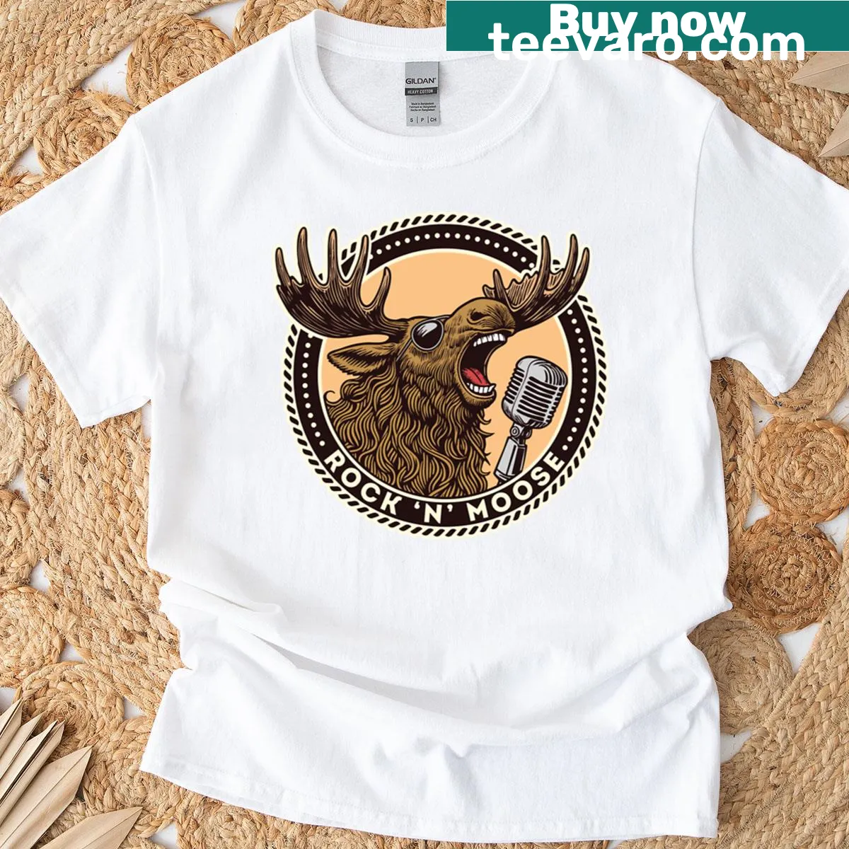 Funny moose graphic t-shirt with retro concert theme. — on a men's t-shirt