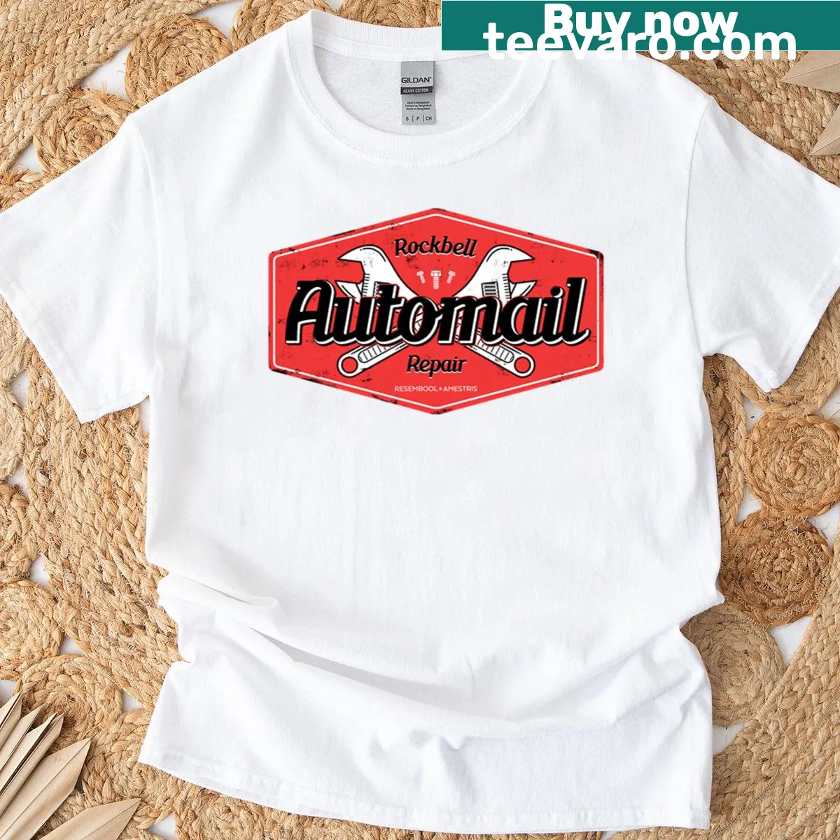 Cartoon-style Rockbell Automail Repair graphic t-shirt — on a men's t-shirt