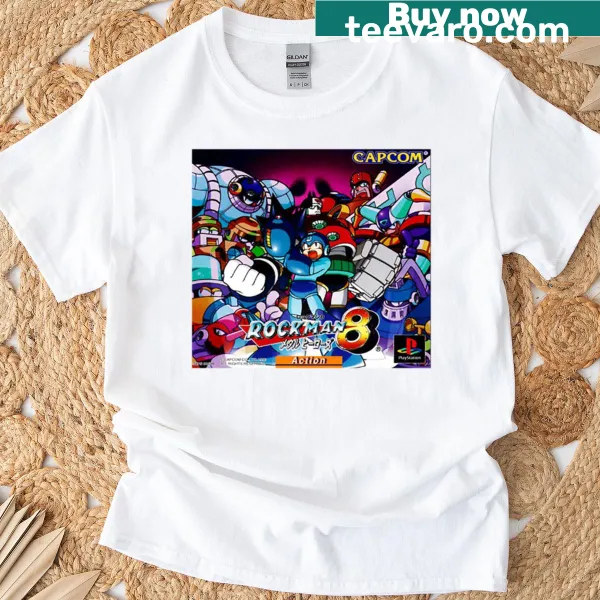 Retro gaming t-shirt featuring Rockman 8 cover art