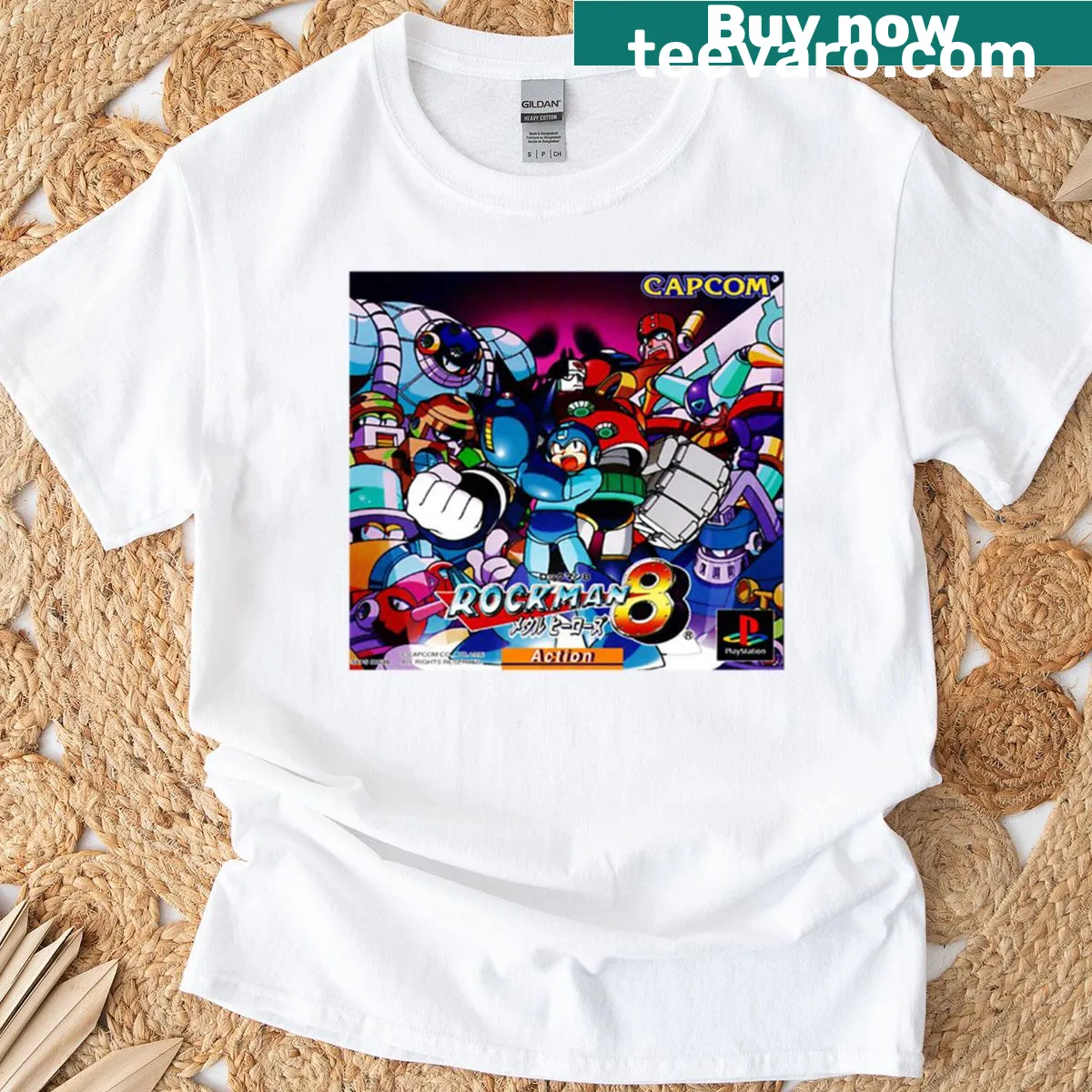 Retro gaming t-shirt featuring Rockman 8 cover art — on a men's t-shirt