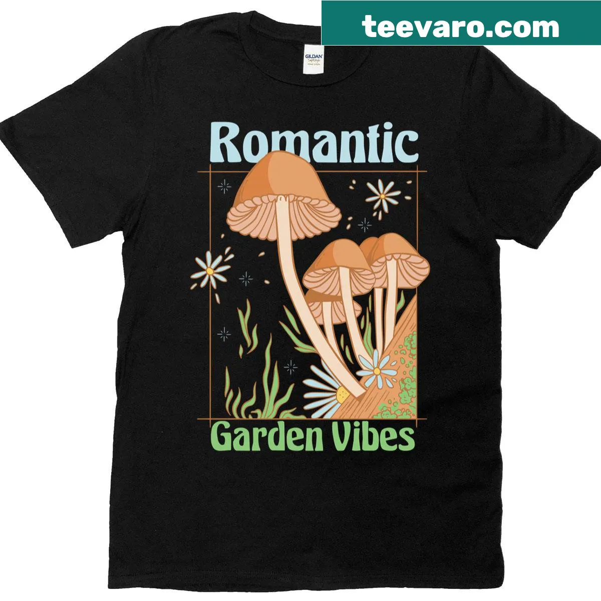 Cottagecore t-shirt with mushroom garden design — on a men's t-shirt