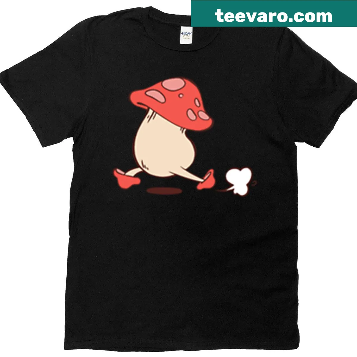 Cartoon design of a mushroom character in a dungeon setting. — on a men's t-shirt