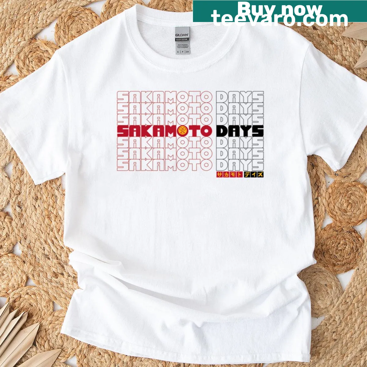 Illustration of a bag from Sakamoto Days on a T-shirt — on a men's t-shirt