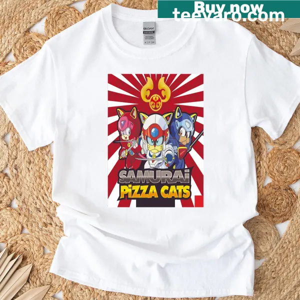 Cartoon-themed T-shirt featuring Samurai Pizza Cats design