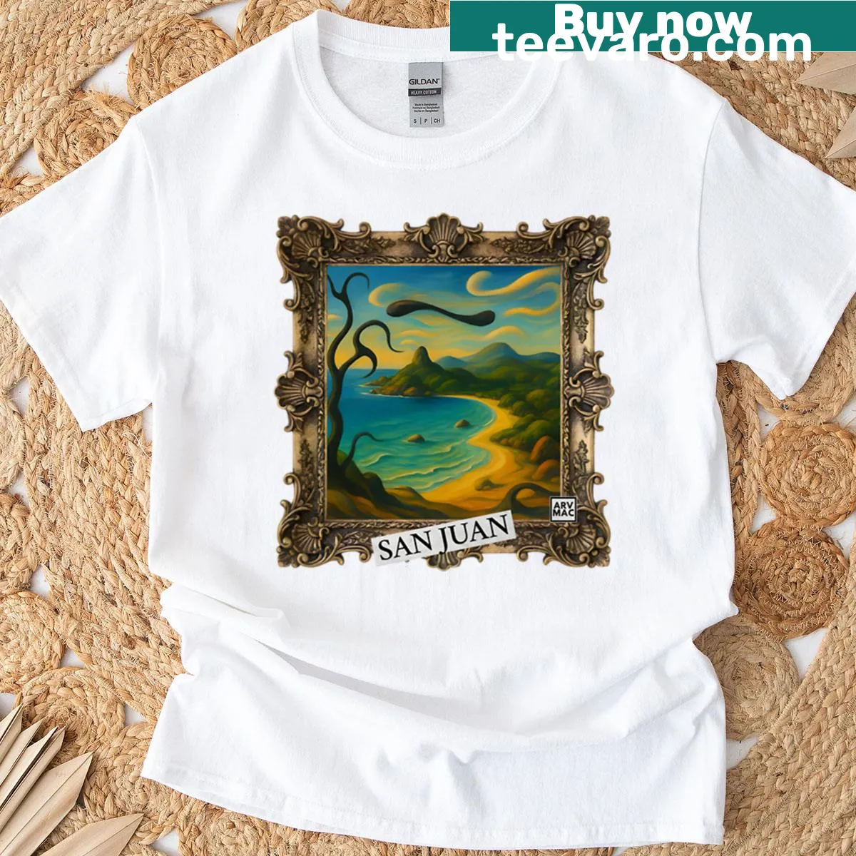Surreal coastal landscape illustration T-shirt inspired by San Juan — on a men's t-shirt