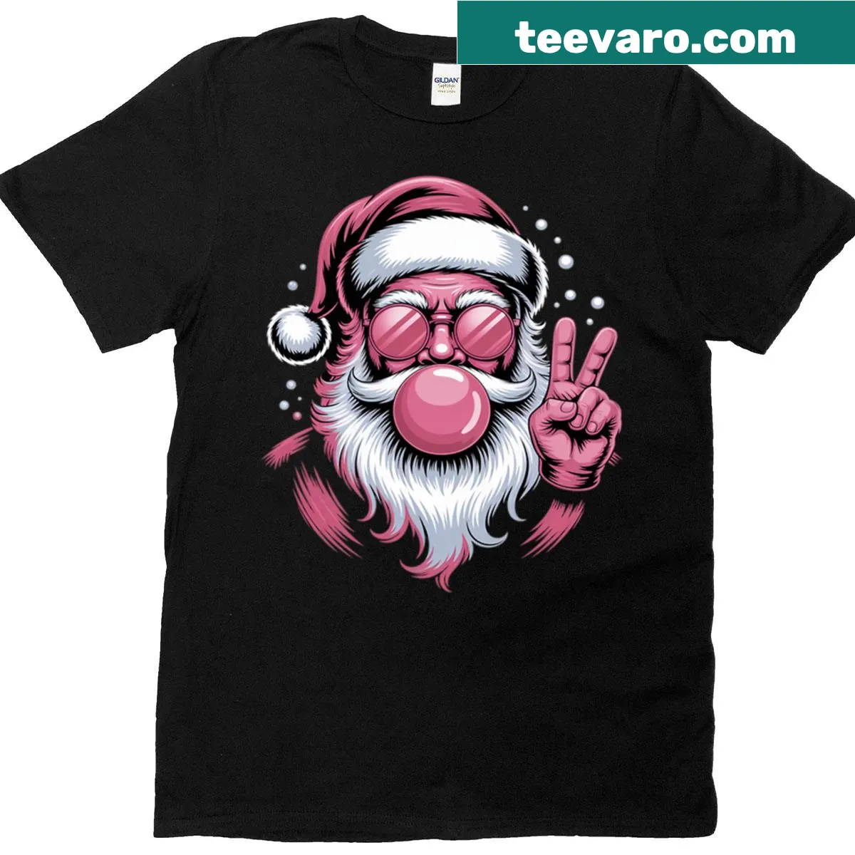 Whimsical Santa Claus t-shirt featuring Santa blowing bubble gum — on a men's t-shirt