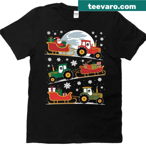 Santa Claus riding tractor graphic Christmas T-shirt