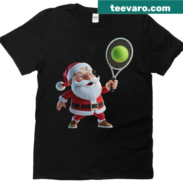 Santa Claus illustrated as a tennis player on a Christmas T-shirt.