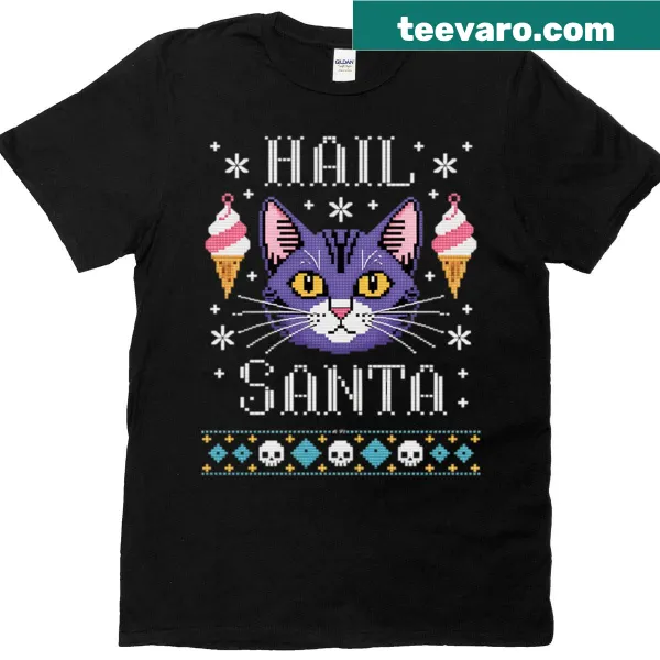 Goth Santa with creepy cute cat on Christmas shirt