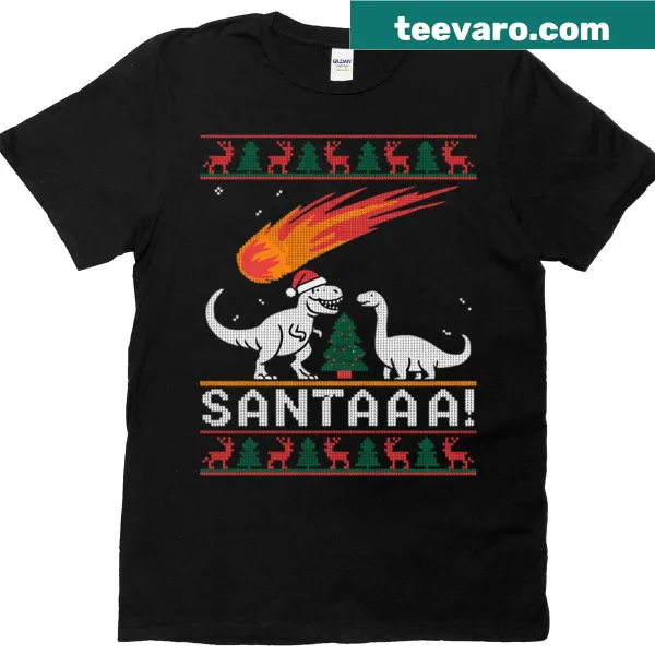 Santa dinosaur graphic on a playful Christmas t-shirt for kids