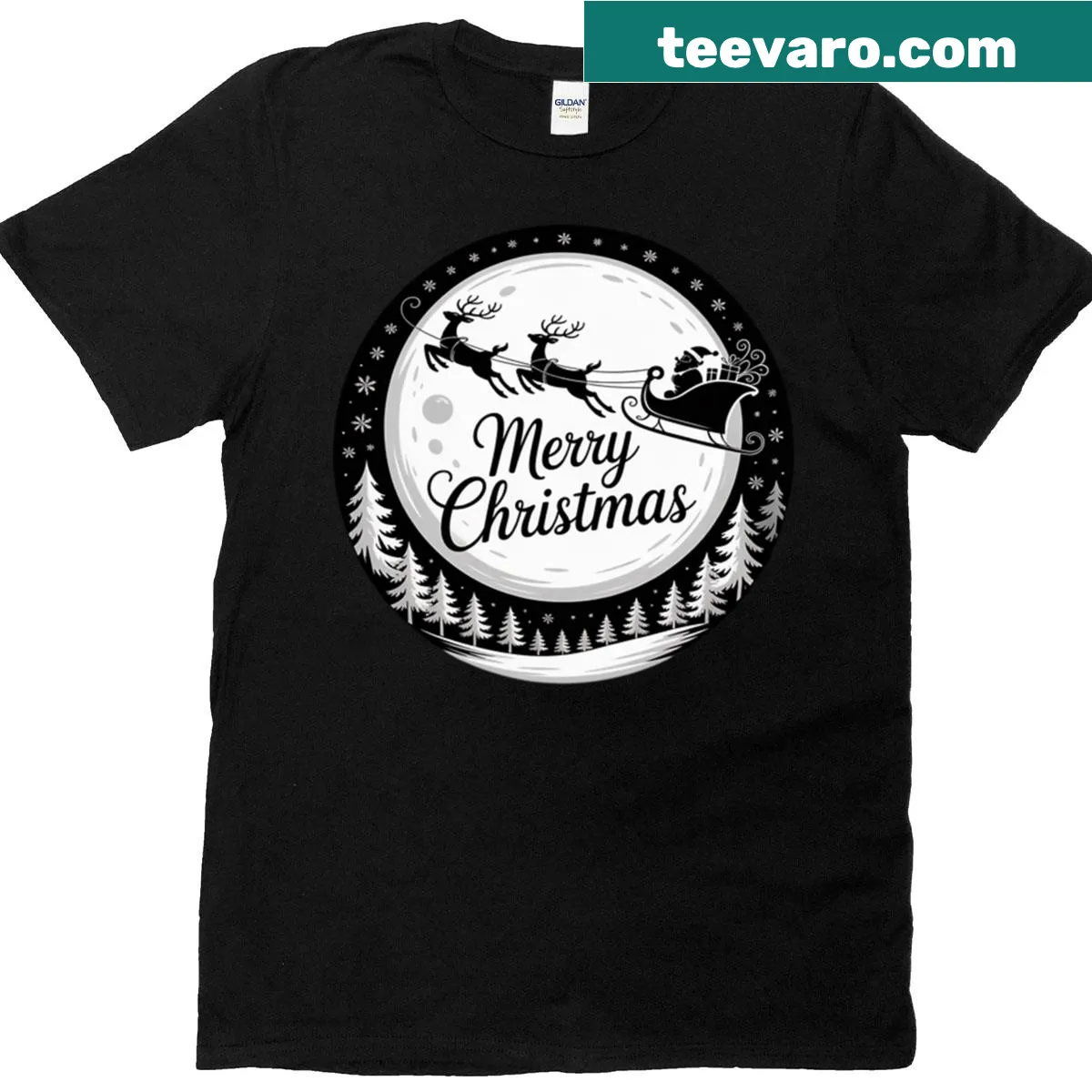 Whimsical Christmas t-shirt featuring a dragon in a sleigh with Santa — on a men's t-shirt