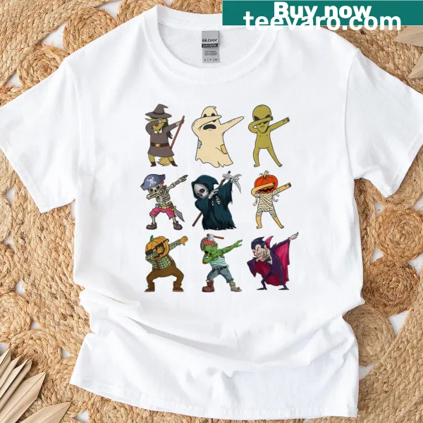 Cartoon-style T-shirt with dabbing Halloween creatures for kids