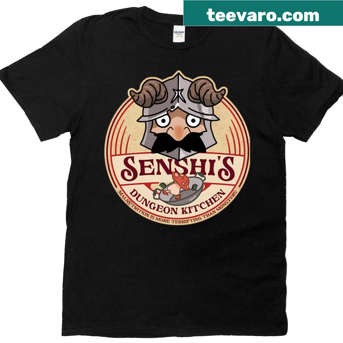 Illustration of Senshiss Dungeon Kitchen design featuring kitchen tools and creatures — on a men's t-shirt