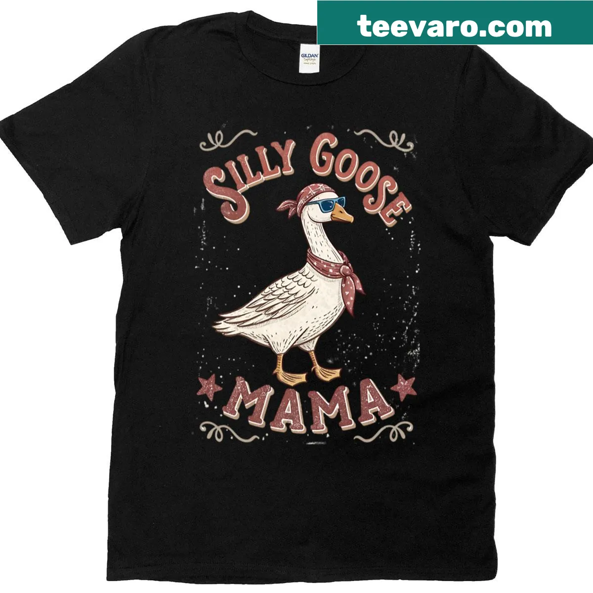 Retro design T-shirt for new moms with playful 'Silly Goose Mama' graphic — on a men's t-shirt