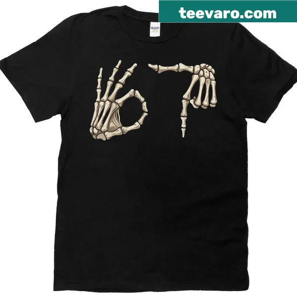 Skeleton hand showing the numbers 6 and 7 in a humorous Halloween design.
