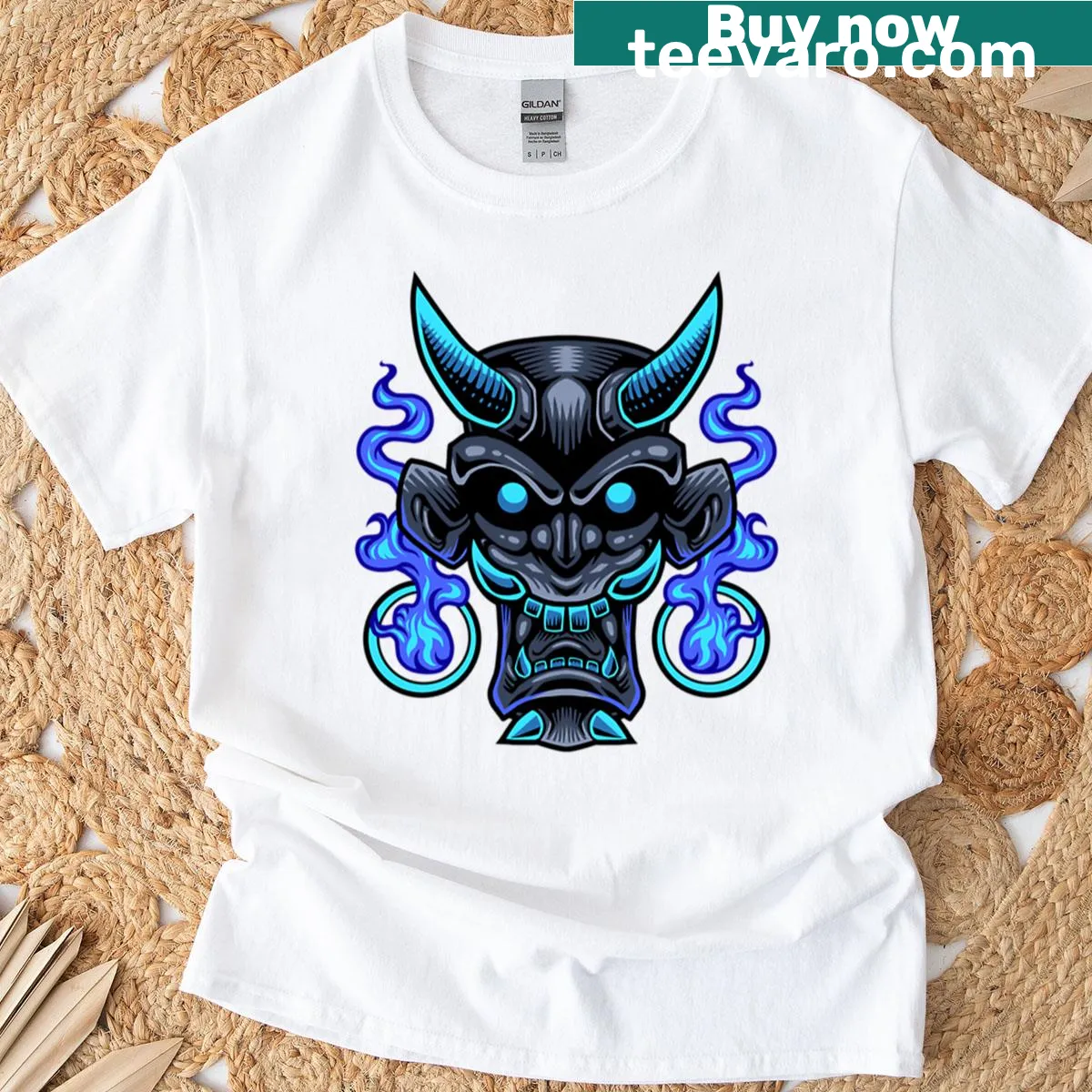 Skull t-shirt with horns and blue flames design — on a men's t-shirt