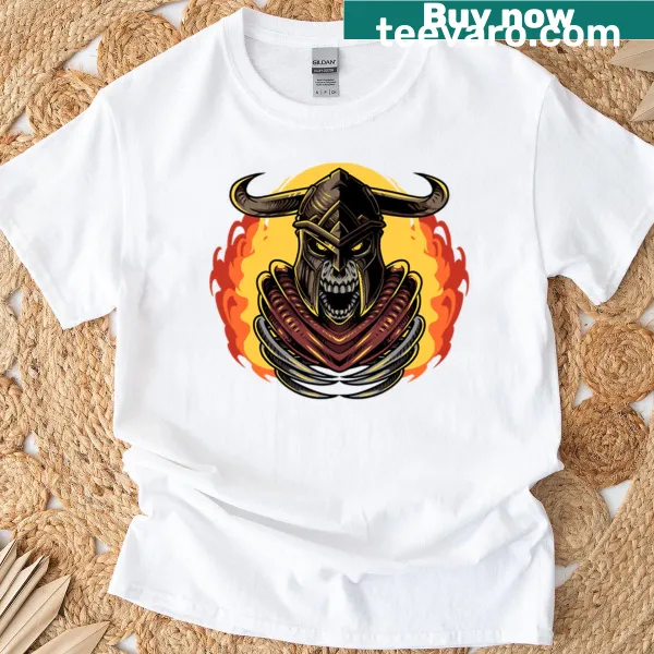 Graphic of a skull with a Viking helmet on fire T-shirt