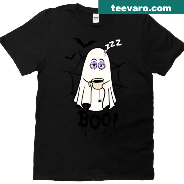 Illustration of a sleepy ghost holding coffee on a t-shirt
