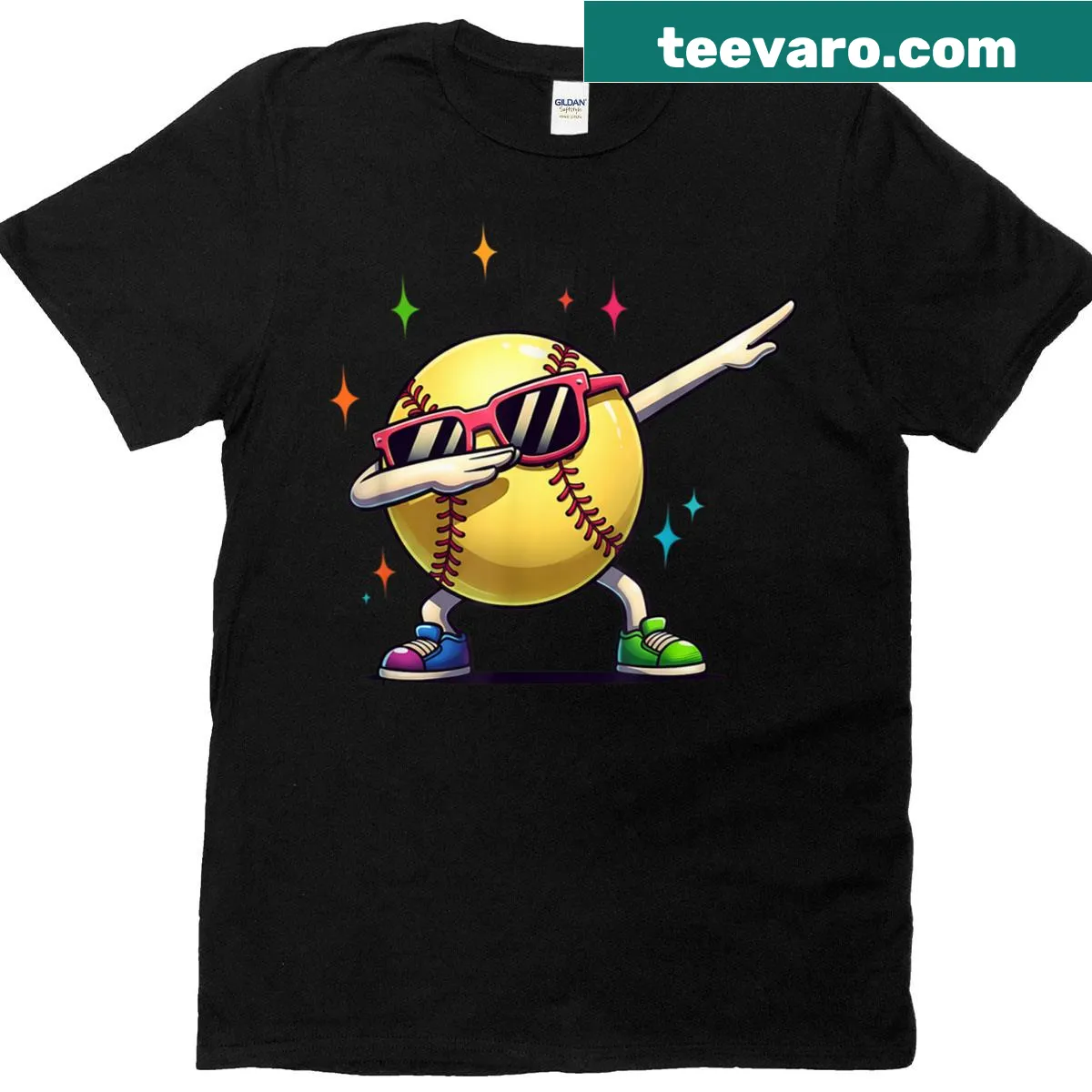 Cartoon T-shirt with a softball player performing the dab dance — on a men's t-shirt