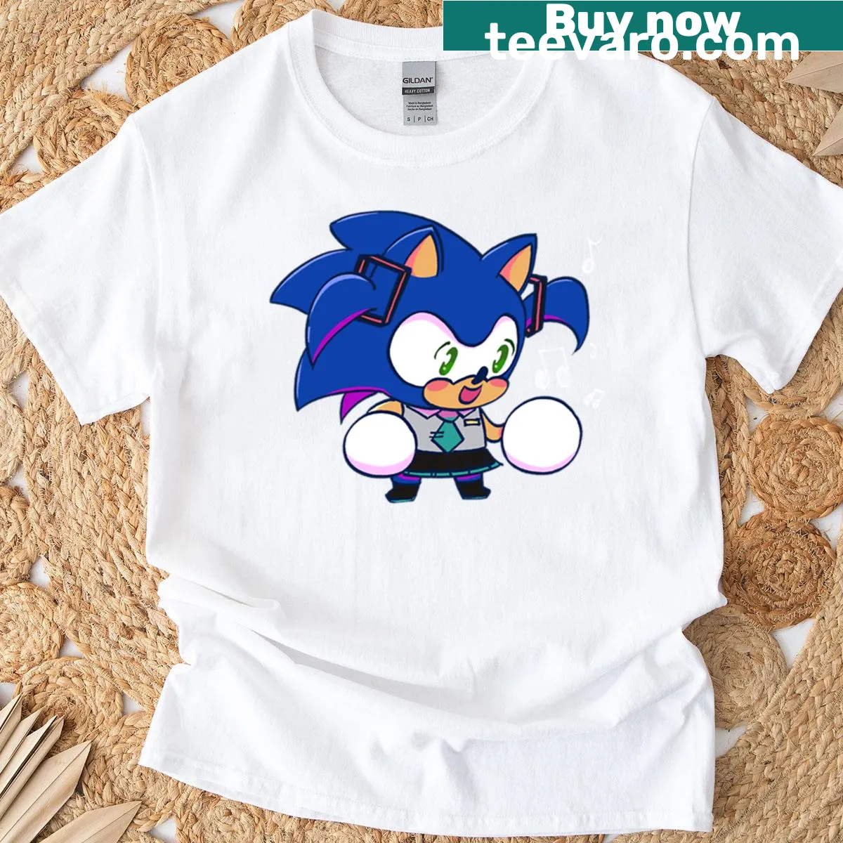Sonic Miku T-shirt featuring playful illustrations of Sonic and Miku — on a men's t-shirt