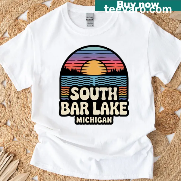 Retro sunset graphic of South Bar Lake Michigan T-shirt