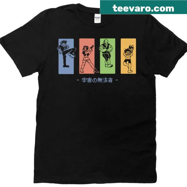 Illustrated oversized t-shirt featuring rogue space travelers in a sci-fi theme