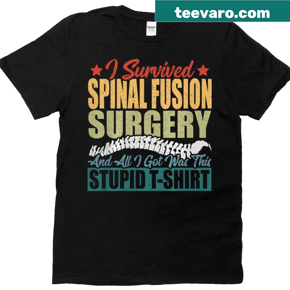 T-shirt with the phrase 'I Survived Spinal Fusion Surgery' in bold typography — on a men's t-shirt