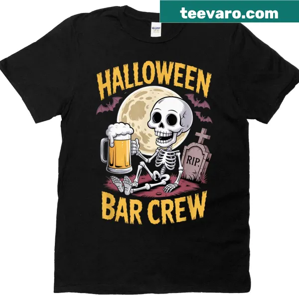Cartoon skeletons at a bar for Halloween on T-shirt