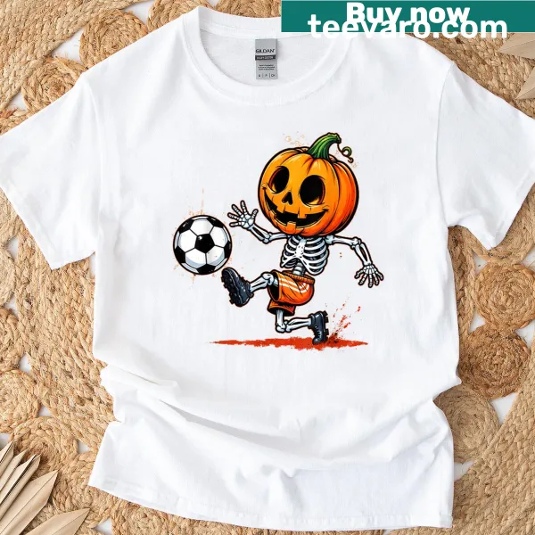 Funny pumpkin skeleton playing soccer for Halloween T-shirt