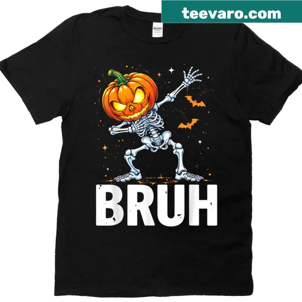 Skeleton dabbing with pumpkin design for Halloween