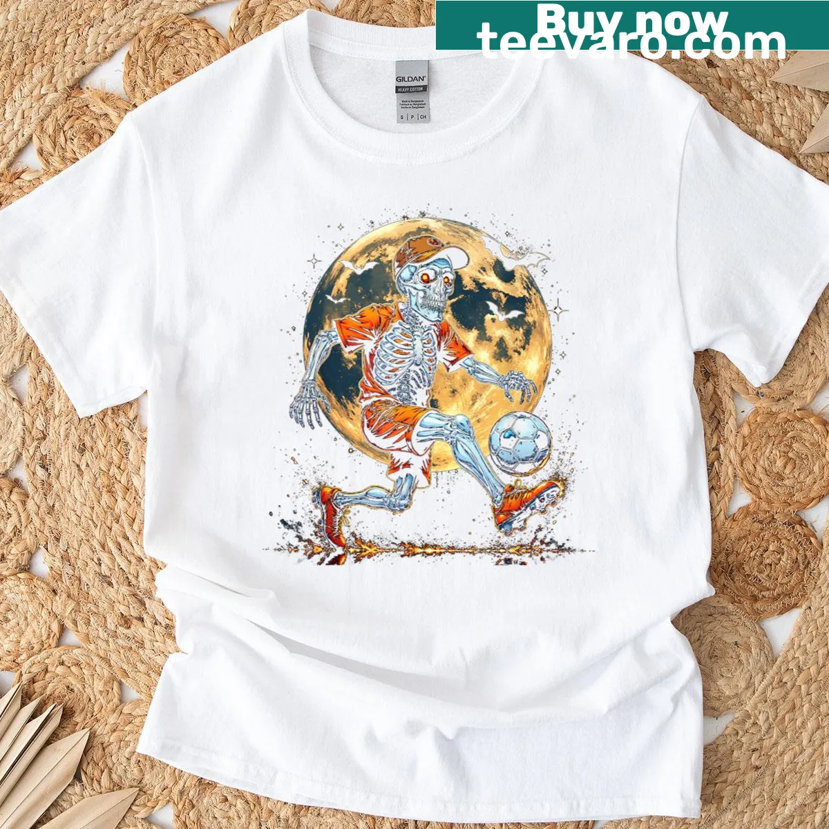 Funny Halloween T-shirt with a spooky skeleton soccer player graphic. — on a men's t-shirt