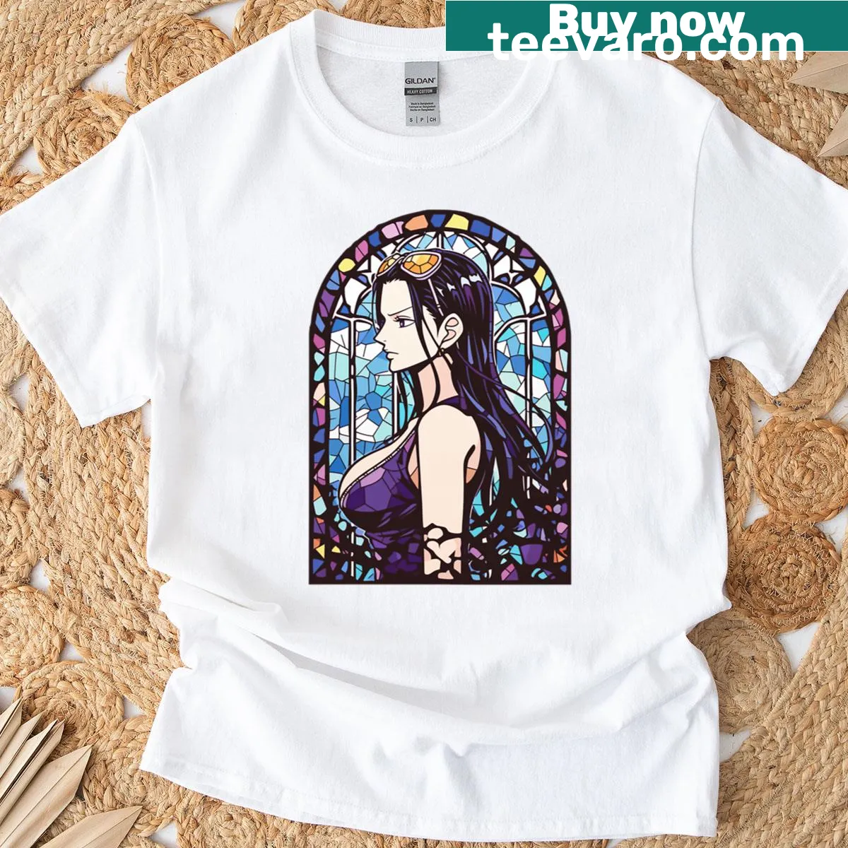 Stained glass devil child graphic t-shirt — on a men's t-shirt