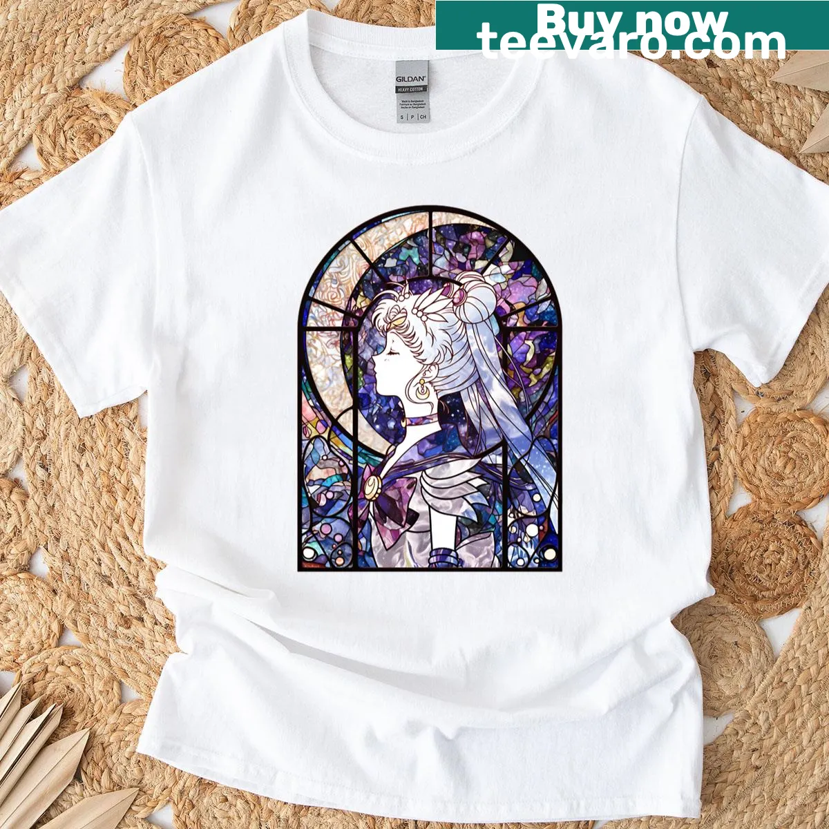 Artistic T-shirt with a stained glass moon illustration — on a men's t-shirt