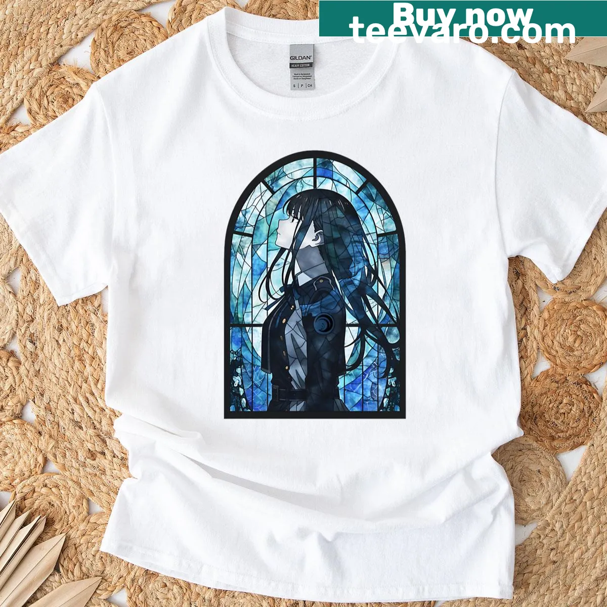 T-shirt featuring a stained glass design in artistic colors — on a men's t-shirt