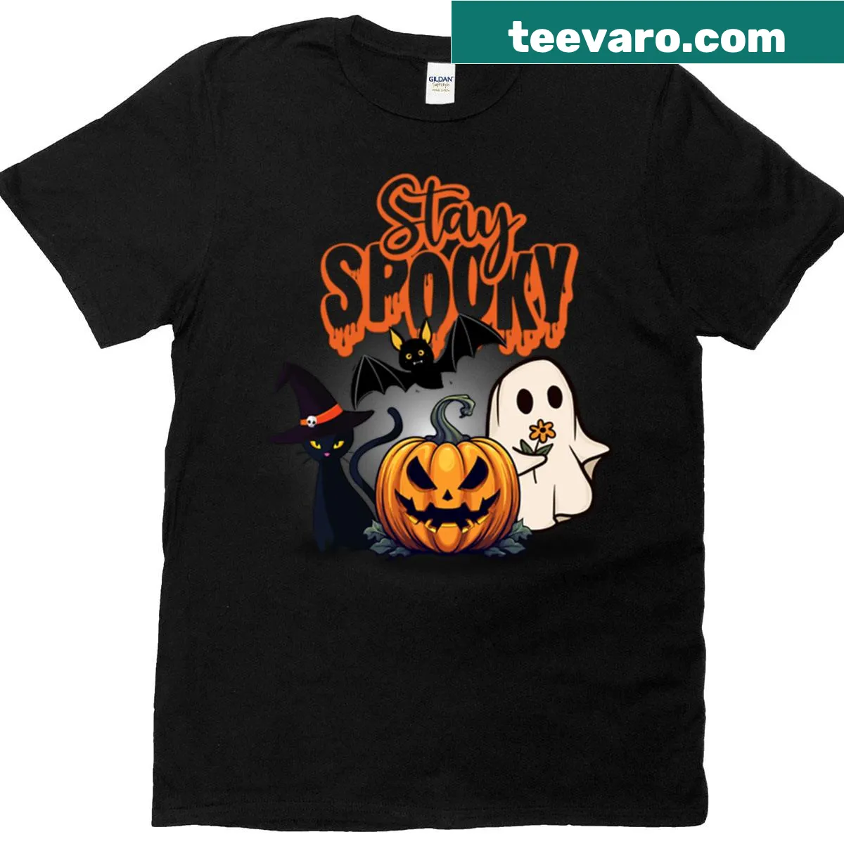 Cute Halloween design featuring a ghost, pumpkin, and black cat. — on a men's t-shirt