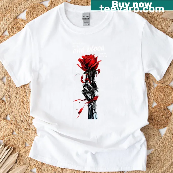 Illustrated T-shirt featuring themes of steel and blood.