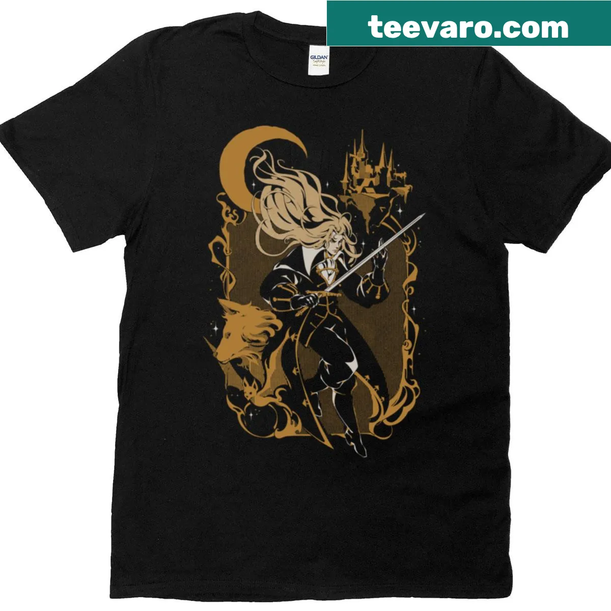 Whimsical Vampire-themed T-shirt featuring musical design — on a men's t-shirt