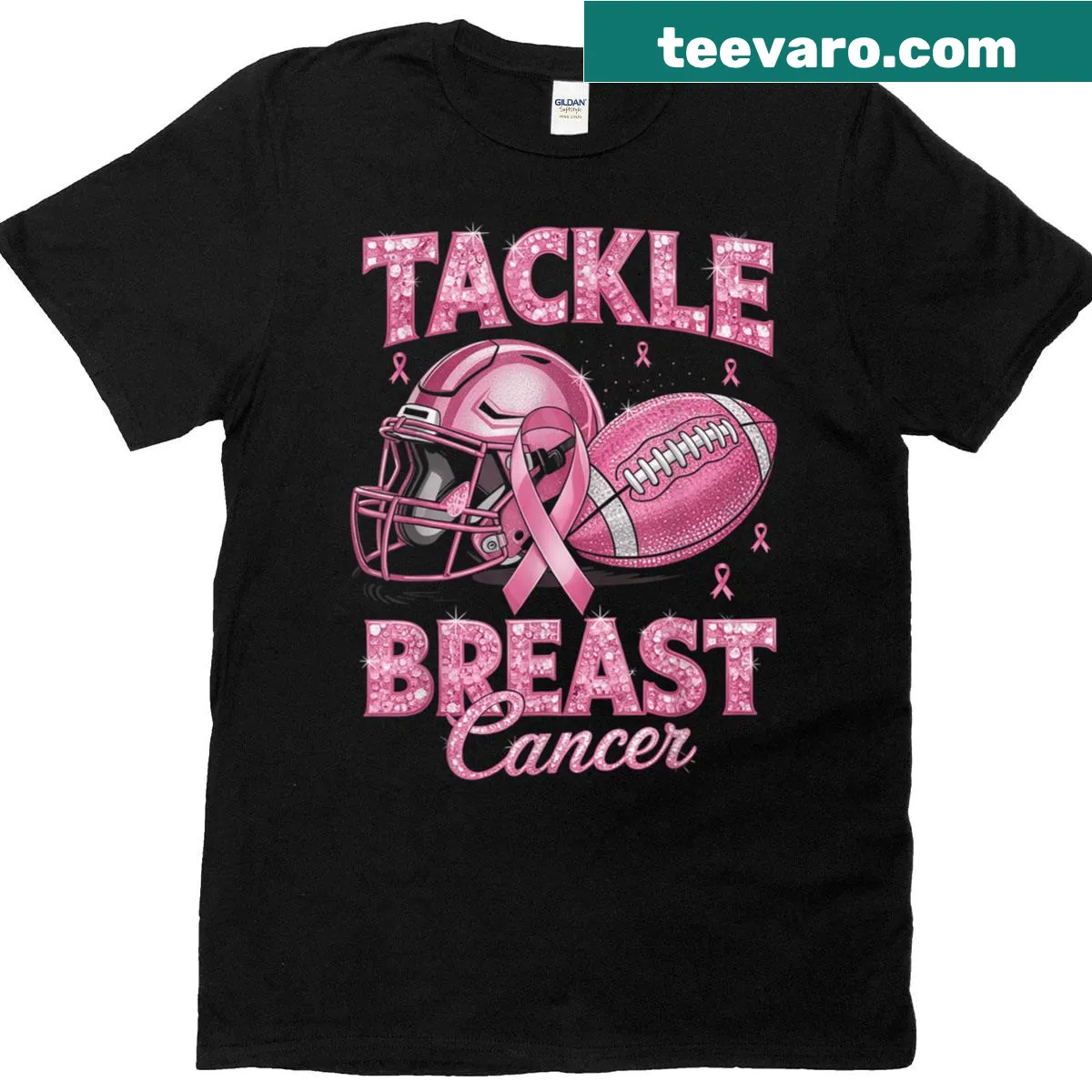 American football themed T-shirt with pink ribbon for breast cancer awareness — on a men's t-shirt
