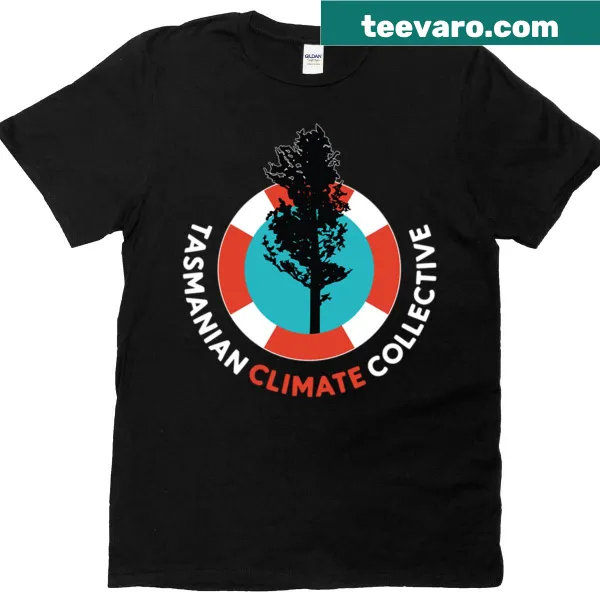 Tasmanian Climate Collective logo printed on a black T-shirt