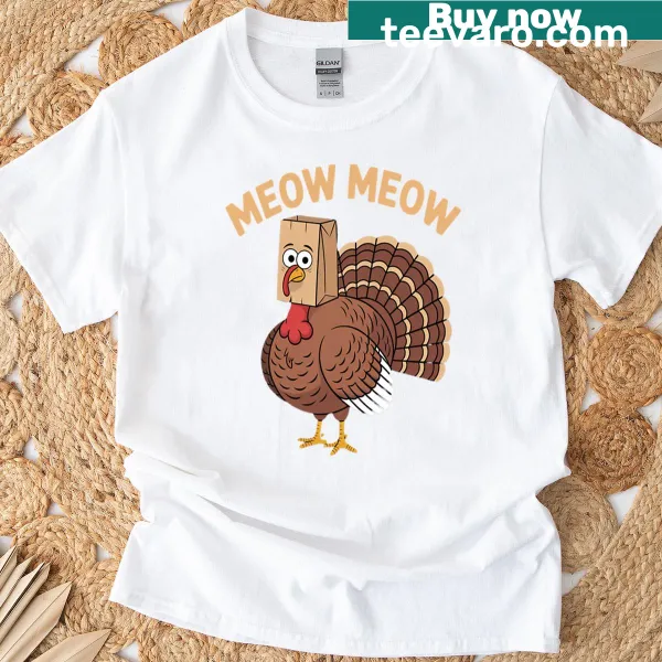 Funny Thanksgiving t-shirt featuring a cat and turkey graphic.