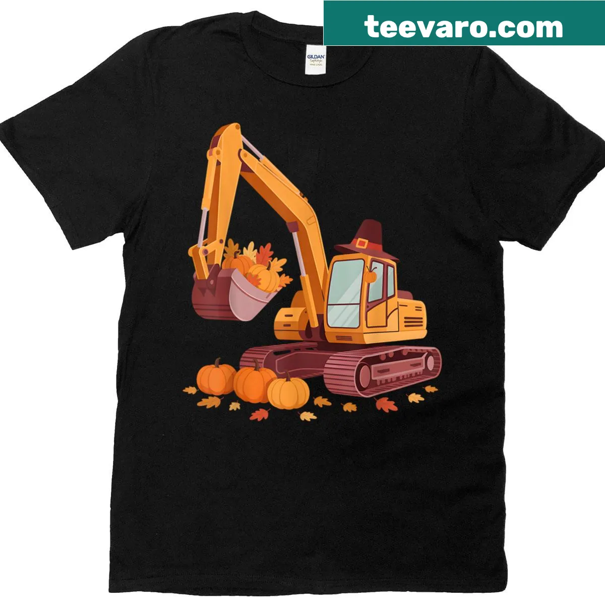 Excavator and pumpkin illustration for Thanksgiving T-shirt — on a men's t-shirt
