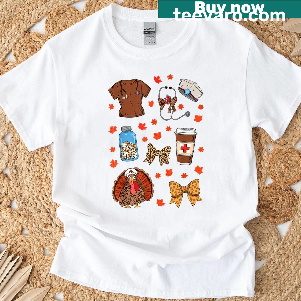 Thanksgiving themed T-shirt for nurses featuring medical elements. — on a men's t-shirt