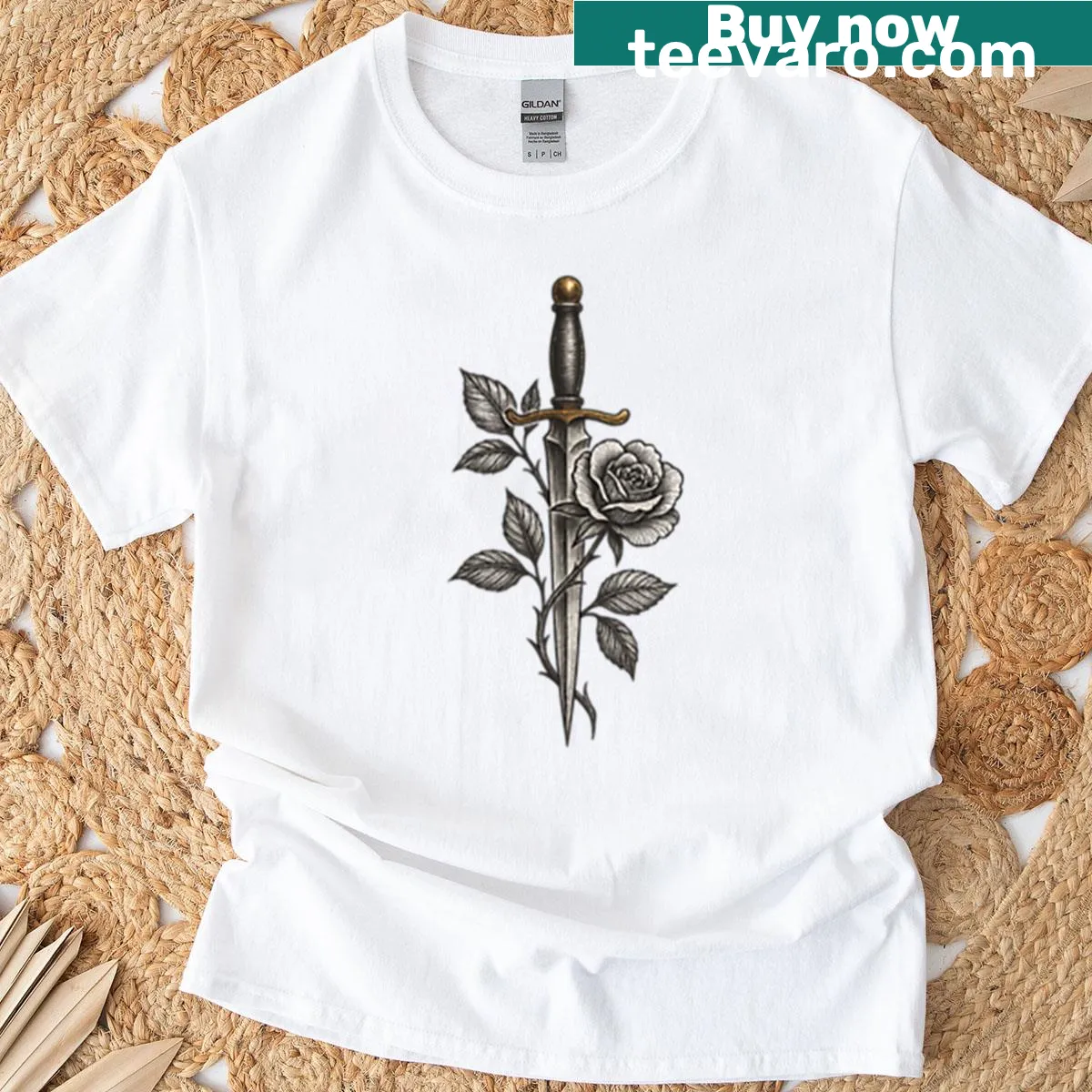 Illustrated t-shirt featuring a dagger and blooming flowers. — on a men's t-shirt