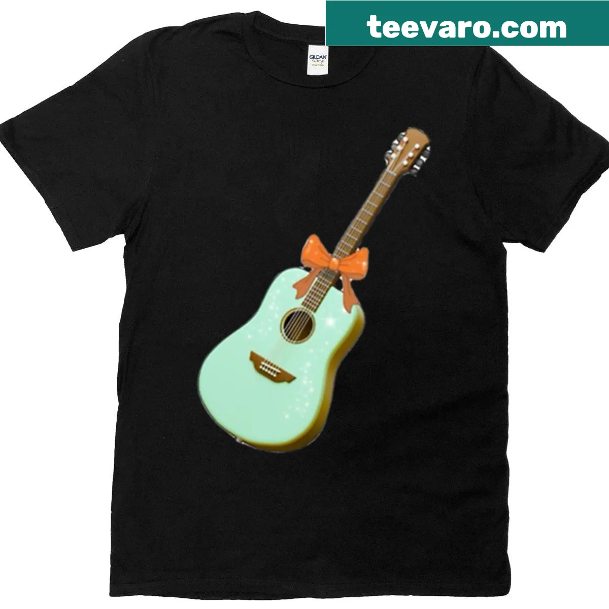 T-shirt featuring guitar sticker design inspired by showgirls — on a men's t-shirt