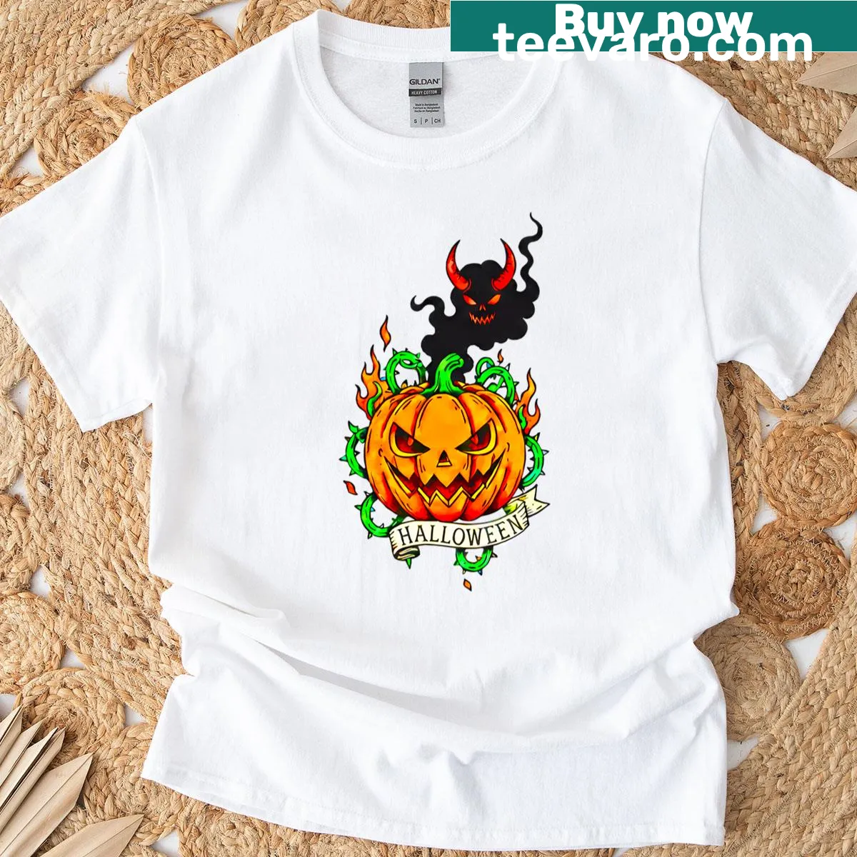 Retro horror t-shirt featuring a pumpkin design for Halloween — on a men's t-shirt