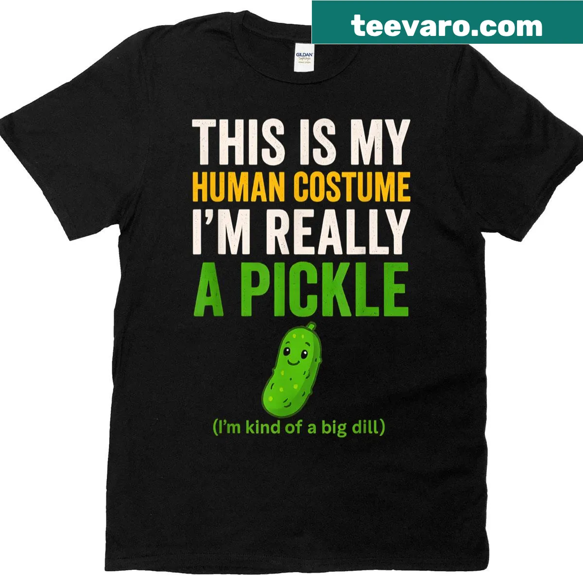 Funny t-shirt with pickle theme and clever saying — on a men's t-shirt