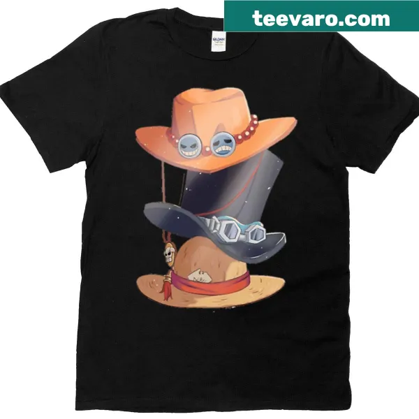 Illustration of three hats symbolizing Ace, Sabo, and Luffy on a T-shirt