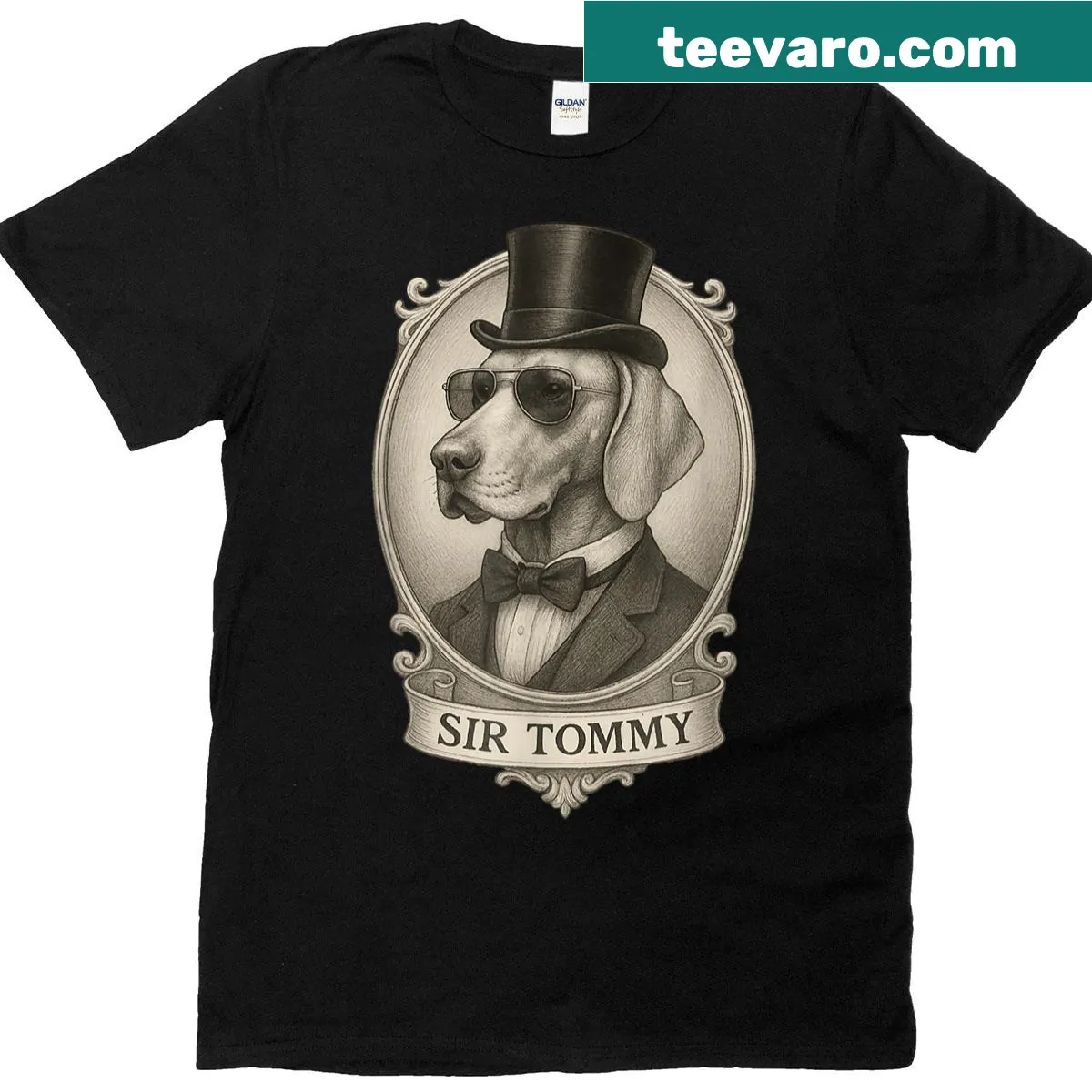 Illustration of a dapper Vizsla puppy named Tommy wearing a bow tie — on a men's t-shirt