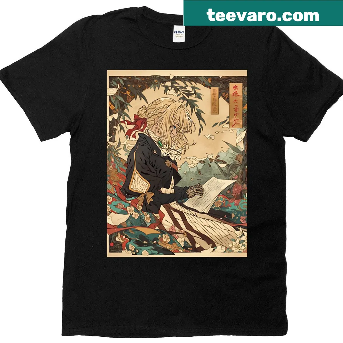 Elegant T-shirt featuring Violet Evergarden design — on a men's t-shirt