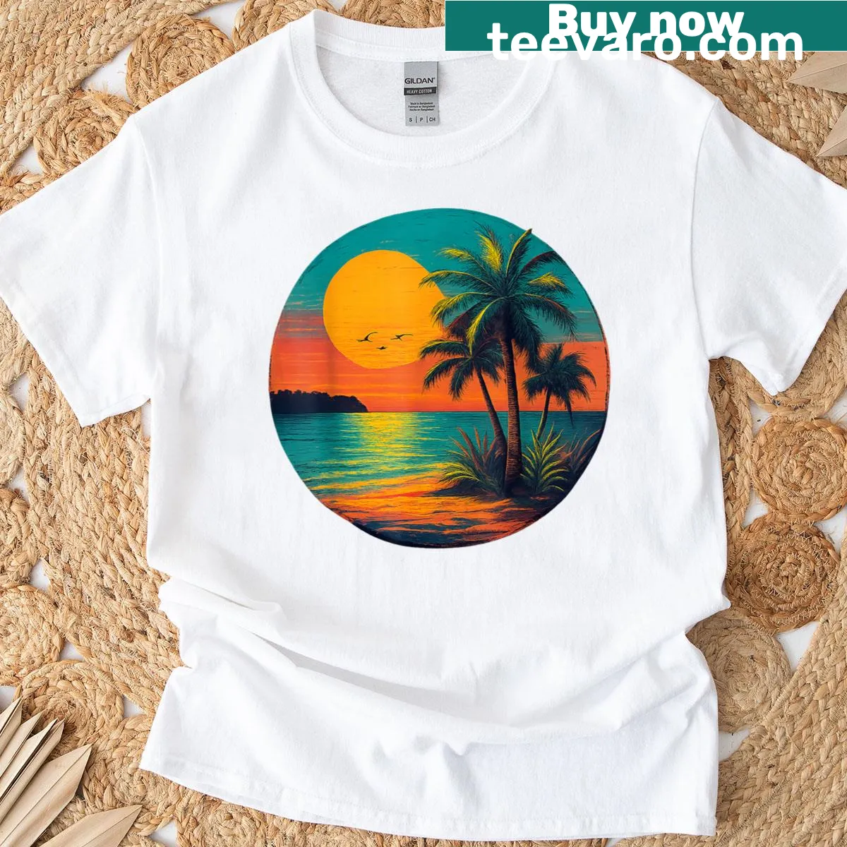 Tropical sunset beach art with palm trees on a T-shirt — on a men's t-shirt